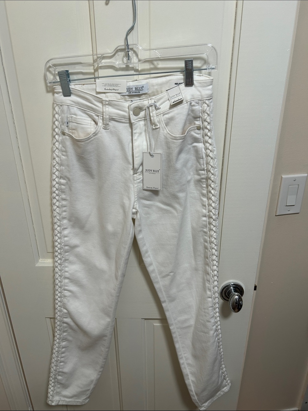Judy Blue White Braided-Trim Straight Leg Jeans
